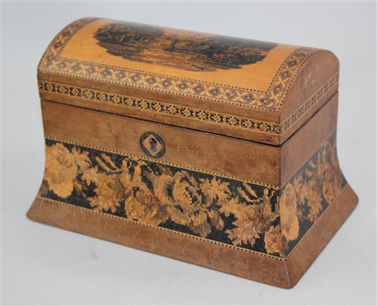 A Tunbridge ware stained birds eye maple Warwick Castle mosaic box, 7.25in.